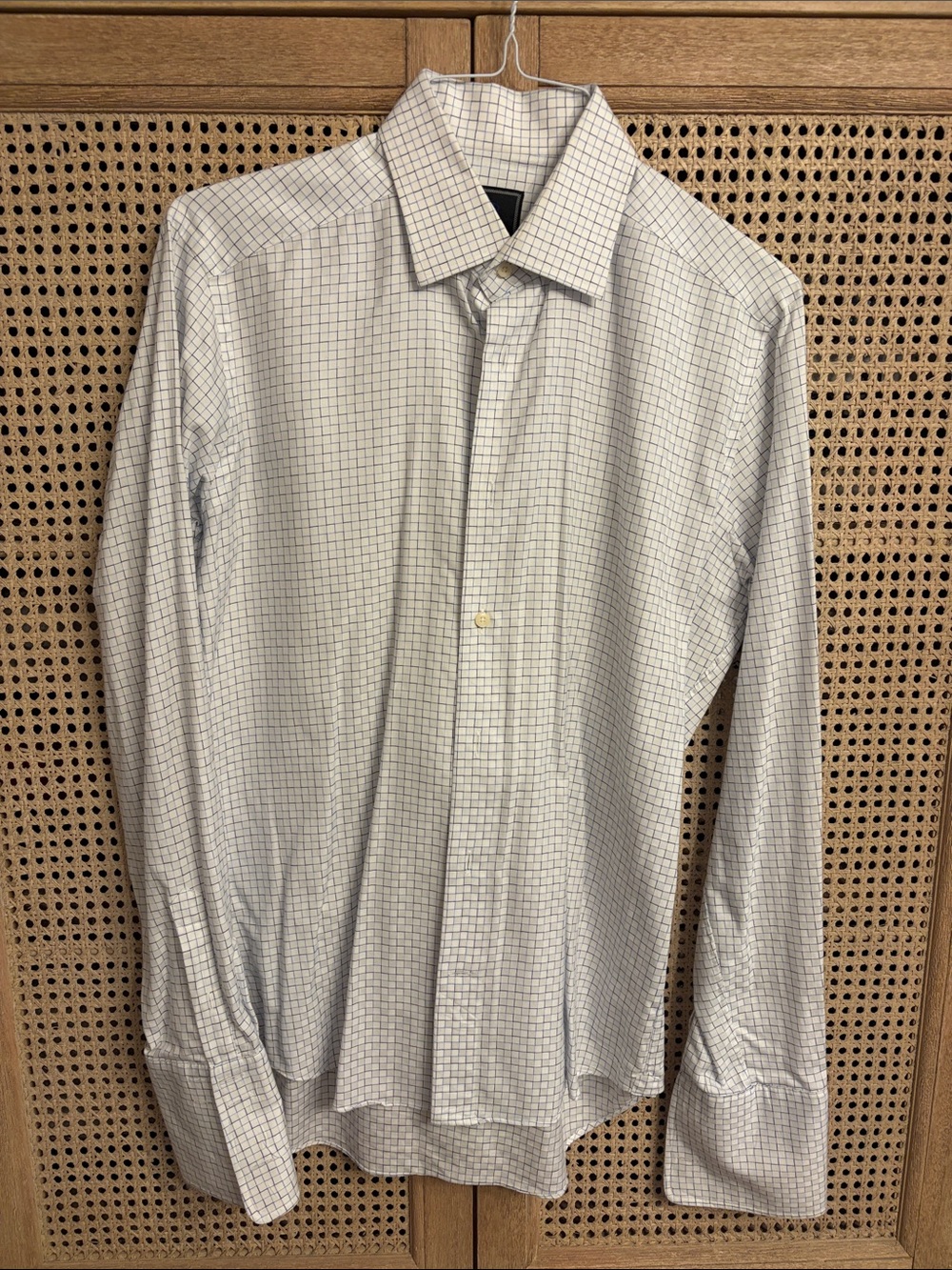 David Donahue Blue and White Check Dress Shirt - Classic Collar/French Cuffs